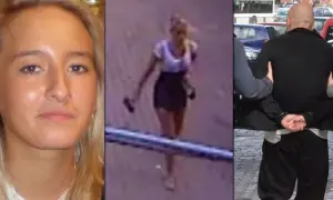 Iwona Wieczorek odnaleziona. Trzy ujęcia: twarz młodej kobiety, jej sylwetka na monitoringu, mężczyzna w kajdankach.