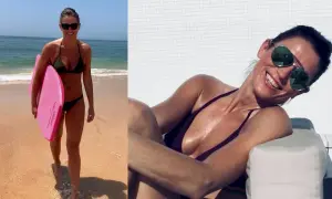 Tomasz Lis partnerka na plaży z deską surfingową i przy basenie w okularach przeciwsłonecznych.