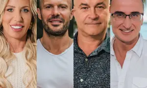 Cztery uśmiechnięte twarze: blondynka, mężczyzna z zarostem, łysiejący mężczyzna i mężczyzna w okularach. Idealna zona dla polaka.