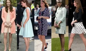 Księżna Kate w czwartej ciąży, prezentująca różne stylizacje ciążowe.