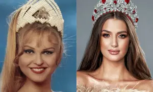 Dwie Miss Polski w koronach: jedna z lat 90. z blond włosami, druga współczesna z ciemnymi włosami i rubinową tiarą.