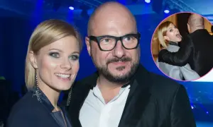 Piotr Gąsowski z partnerką, uśmiechnięci i blisko siebie. W kółku widać ich w bardziej intymnej chwili.