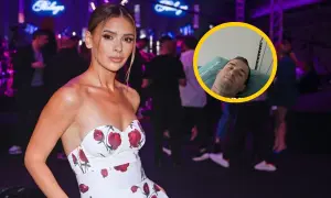 Oskar Wojciechowski Halejcio w kwiecistej sukni obok zdjęcia ukochanego w szpitalu.