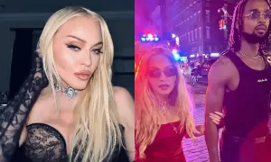 Madonna w czarnej koronkowej kreacji i w czerwonej sukience z partnerem na tle nocnego miasta.
