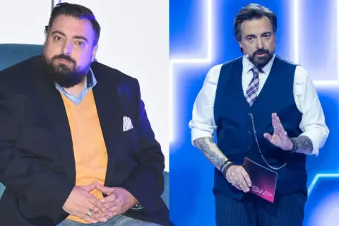 Sekielski schudł. Po lewej siedzi w marynarce i swetrze, po prawej stoi w kamizelce, trzymając kartkę SWP.