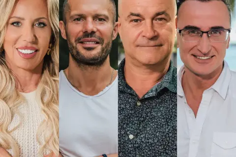 Cztery uśmiechnięte twarze: blondynka, mężczyzna z zarostem, łysiejący mężczyzna i mężczyzna w okularach. Idealna zona dla polaka.