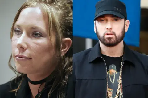 Kim Scott, była żona Eminema, obok rapera w czapce.