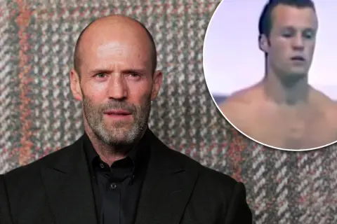 Jason Statham czy żyje? Aktor w garniturze obok swojego młodszego, nagiego wizerunku.