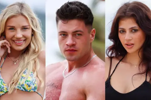 Trzy twarze uczestników Hotel Paradise 8: uśmiechnięta blondynka, muskularny mężczyzna i brunetka zmysłowo patrząca w obiektyw.