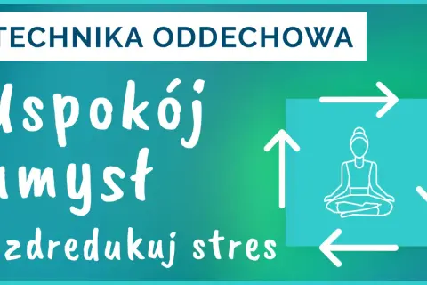Technika oddechowa: Uspokój umysł i zredukuj stres. Grafika z sylwetką w pozycji medytacyjnej i strzałkami symbolizującymi cykl.