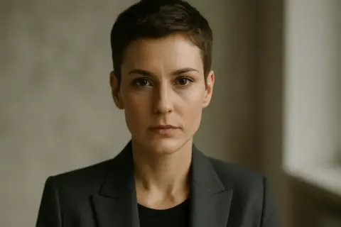 Portret osoby o androgenicznym wyglądzie, w ciemnej marynarce, z krótkimi włosami i przenikliwym spojrzeniem.