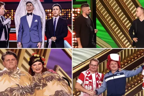 Kabareciarze polscy w różnych skeczach: od eleganckich garniturów po zabawne stroje.