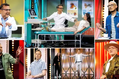Kolaż zdjęć z programu: mężczyzna w kitlu wykonuje USG ciężarnej, inni mężczyźni w różnych strojach na scenie.