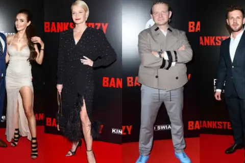 Banksterzy obsada: mężczyzna w niebieskim garniturze, kobieta w srebrnej sukni, kobieta w czarnej sukni z piórami, mężczyzna w beżowej marynarce i mężczyzna w kratowanym garniturze.