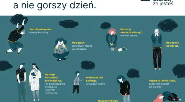 Ilustracja przedstawia różne osoby zmagające się ze stany depresyjne, otoczone czarnymi chmurami. Depresja to choroba, którą można leczyć.