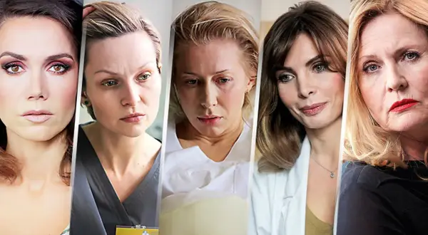 Obsada filmu "Botoks" - pięć kobiet o różnych emocjach na twarzach, od determinacji po smutek.