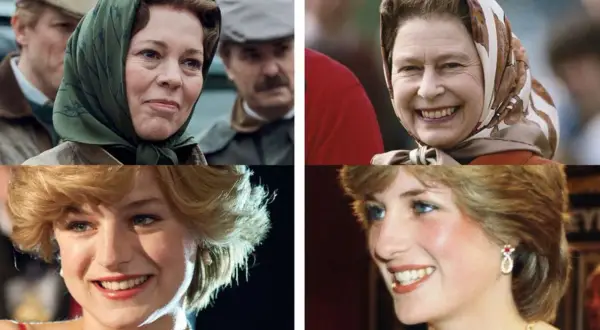 Porównanie aktorek z serialu "The Crown" z prawdziwymi postaciami. Olivia Colman jako królowa Elżbieta II i Emma Corrin jako księżna Diana.