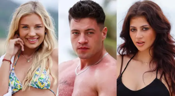 Trzy twarze uczestników Hotel Paradise 8: uśmiechnięta blondynka, muskularny mężczyzna i brunetka zmysłowo patrząca w obiektyw.