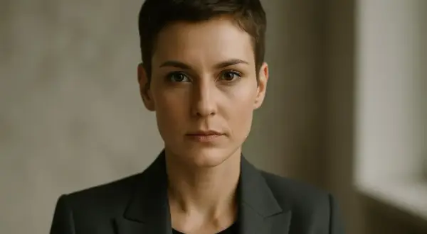 Portret osoby o androgenicznym wyglądzie, w ciemnej marynarce, z krótkimi włosami i przenikliwym spojrzeniem.