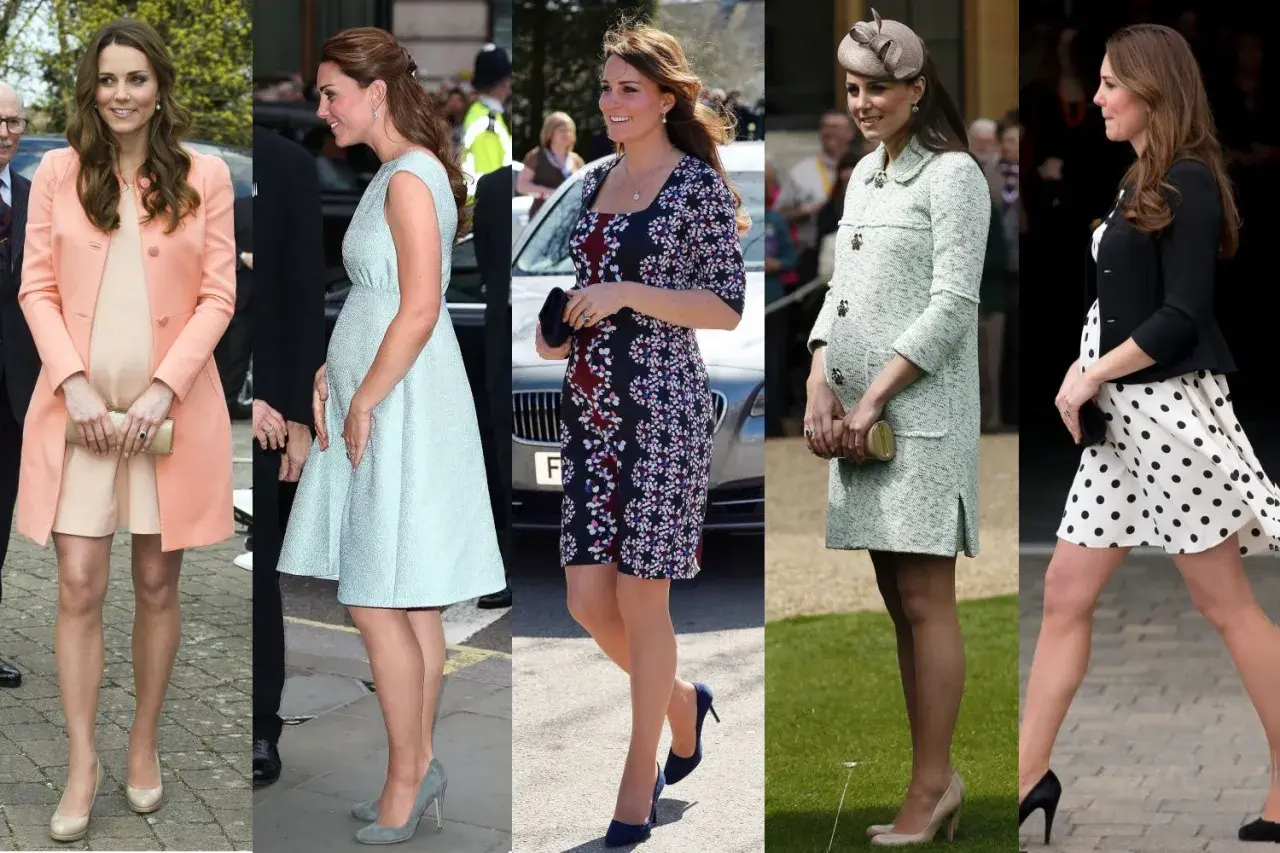Księżna Kate w czwartej ciąży, prezentująca różne stylizacje ciążowe.