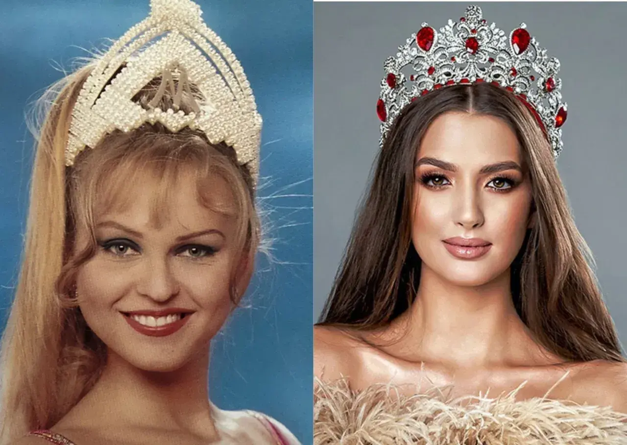 Dwie Miss Polski w koronach: jedna z lat 90. z blond włosami, druga współczesna z ciemnymi włosami i rubinową tiarą.