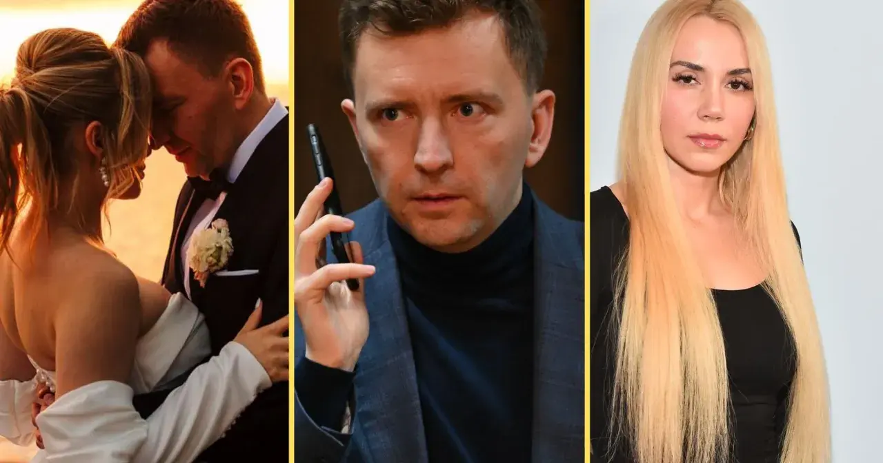 Łukasz Schreiber z pierwszą żoną na ślubnym kobiercu, a obok niego mężczyzna z telefonem i blondynka.