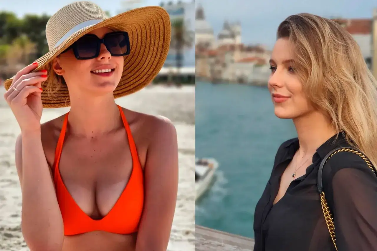 Karolina Soczewka, w pomarańczowym bikini na plaży i w czarnej bluzce w Wenecji.