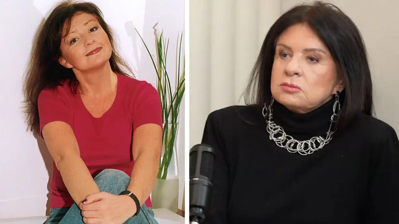 Zofia Czernicka w dwóch odsłonach. Na pierwszym zdjęciu młodsza, w czerwonej bluzce, na drugim starsza, w czarnym golfie, z wyrazistą biżuterią.
