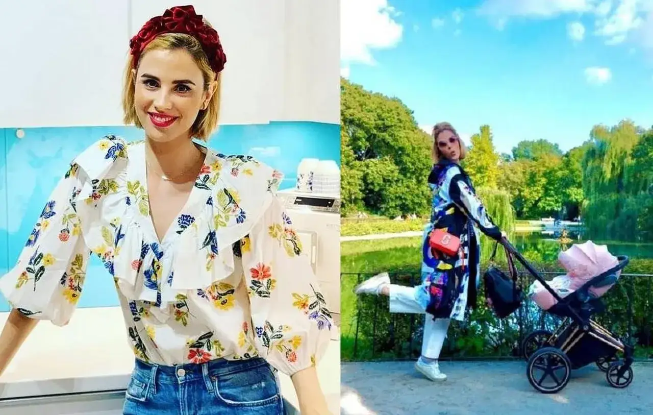 Michalina Sosna z mężem i dzieckiem na spacerze w parku. Uśmiechnięta mama w kwiecistej bluzce i kolorowym płaszczu.