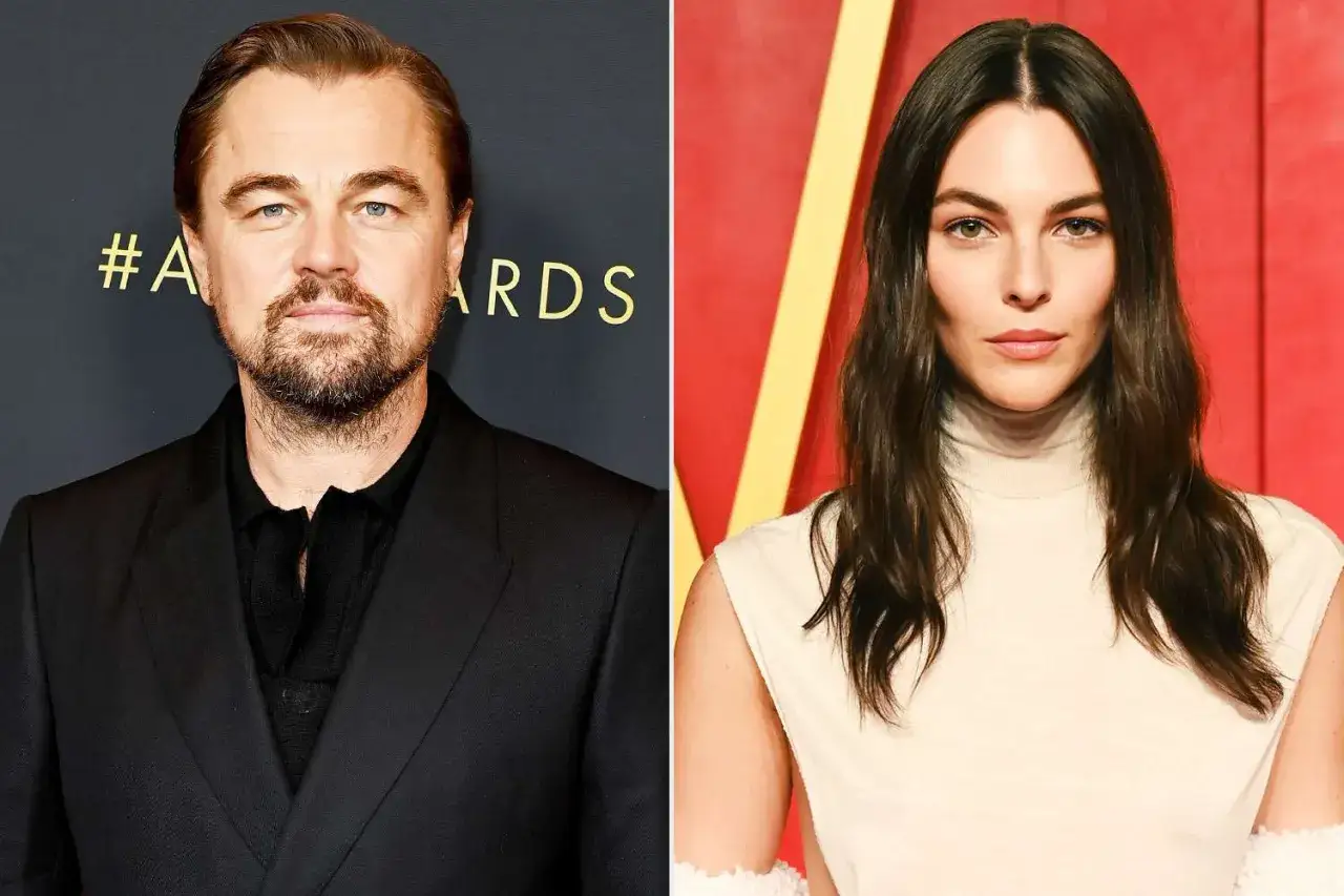 Leonardo DiCaprio z żoną, piękną brunetką o zielonych oczach, na czerwonym dywanie.