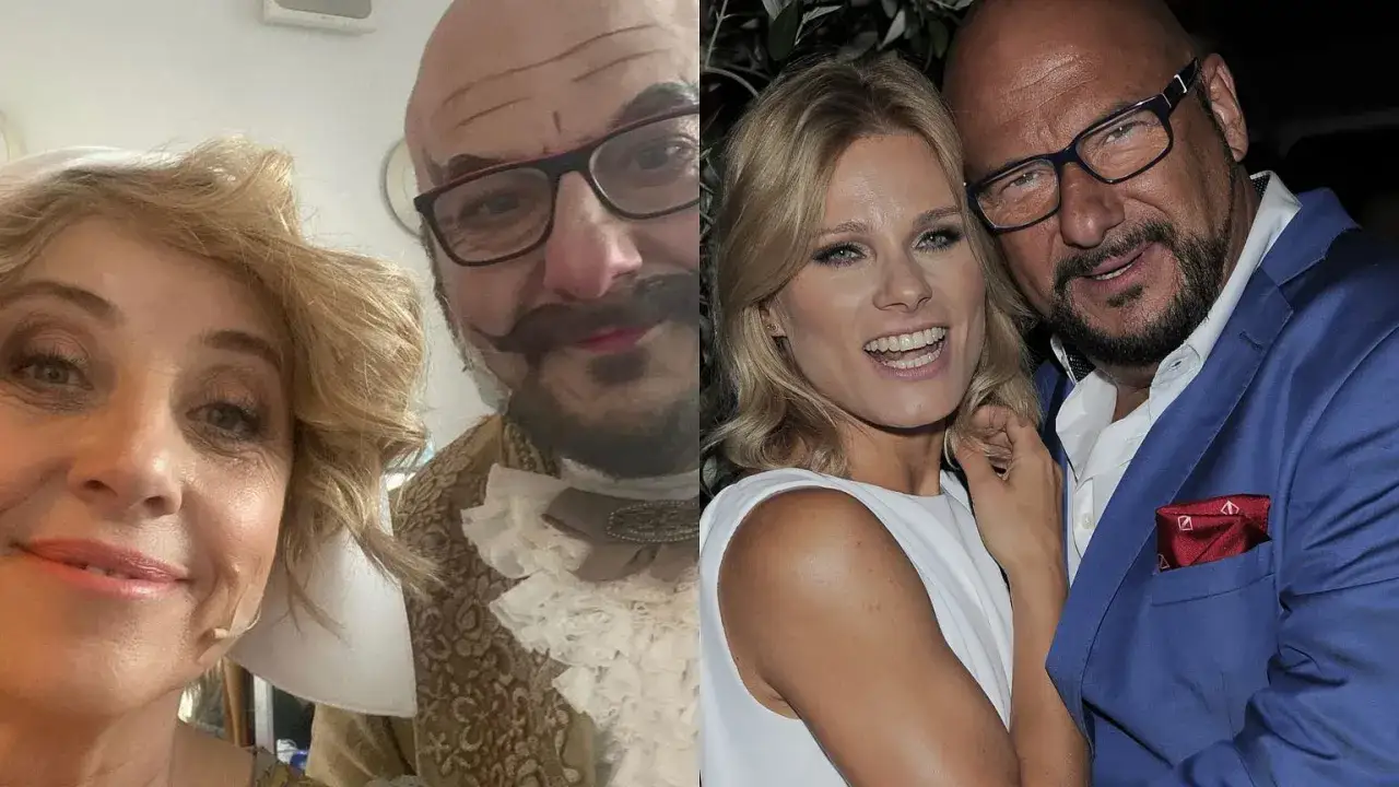 Piotr Gąsowski z partnerką, w stroju z epoki i eleganckim garniturze.