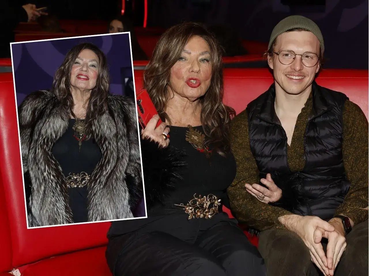 Agnieszka Fitkau-Perepeczko w futrze i młodszy mężczyzna, być może jej romans, siedzą obok siebie.