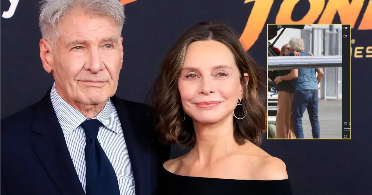 Harrison Ford i jego żona, Calista Flockhart, na premierze. Wstawka pokazuje ich w czułym uścisku.