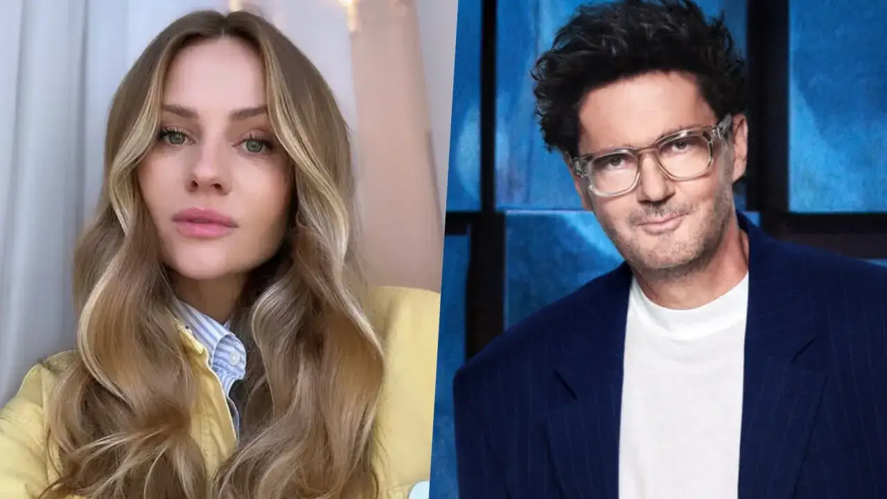 Kuba Wojewódzki i jego partnerka, Anna Mucha, w zestawieniu. Ona w żółtej kurtce, on w granatowej marynarce.
