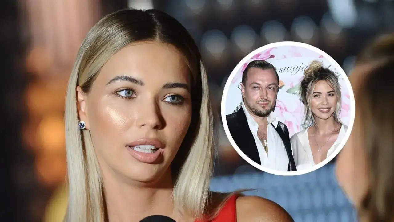 Sandra Kubicka i Baron na zdjęciu. Ona w czerwonej sukience, on w garniturze.