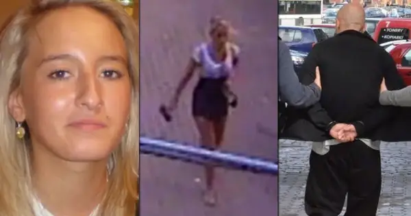 Iwona Wieczorek odnaleziona. Trzy ujęcia: twarz młodej kobiety, jej sylwetka na monitoringu, mężczyzna w kajdankach.