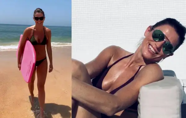 Tomasz Lis partnerka na plaży z deską surfingową i przy basenie w okularach przeciwsłonecznych.