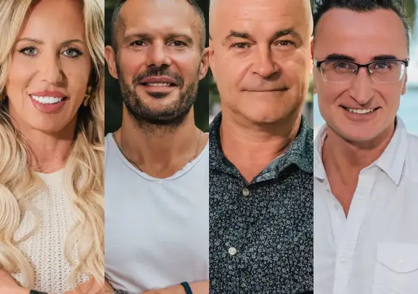 Cztery uśmiechnięte twarze: blondynka, mężczyzna z zarostem, łysiejący mężczyzna i mężczyzna w okularach. Idealna zona dla polaka.