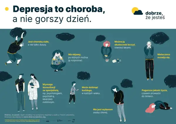 Ilustracja przedstawia różne osoby zmagające się ze stany depresyjne, otoczone czarnymi chmurami. Depresja to choroba, którą można leczyć.