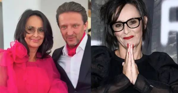 Anna Korcz z mężem na zdjęciu. Aktorka w różowej sukni i jej partner w garniturze z czerwoną apaszką.