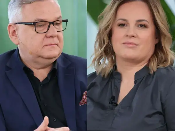 Artur Andrus z żoną, uśmiechnięta para podczas wywiadu.