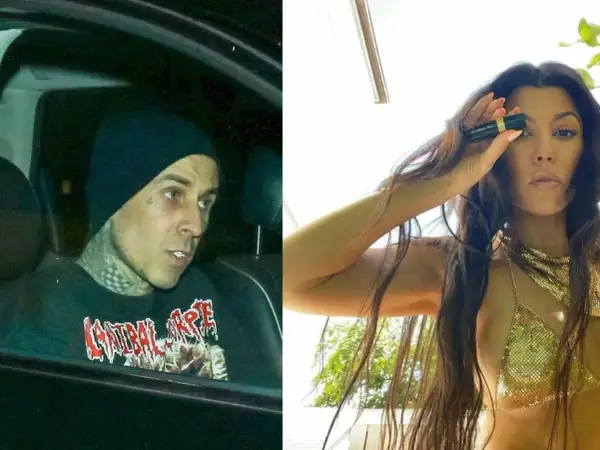 Travis Barker i jego żona Kourtney Kardashian, ona trzyma kosmetyk.