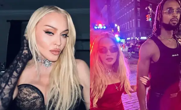 Madonna w czarnej koronkowej kreacji i w czerwonej sukience z partnerem na tle nocnego miasta.